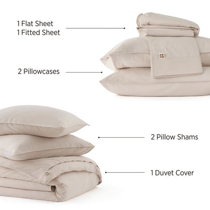Organic Cotton Series Bundle: beige organic cotton bedding set with duvet cover, pillow shams, pillowcases, and sheets.