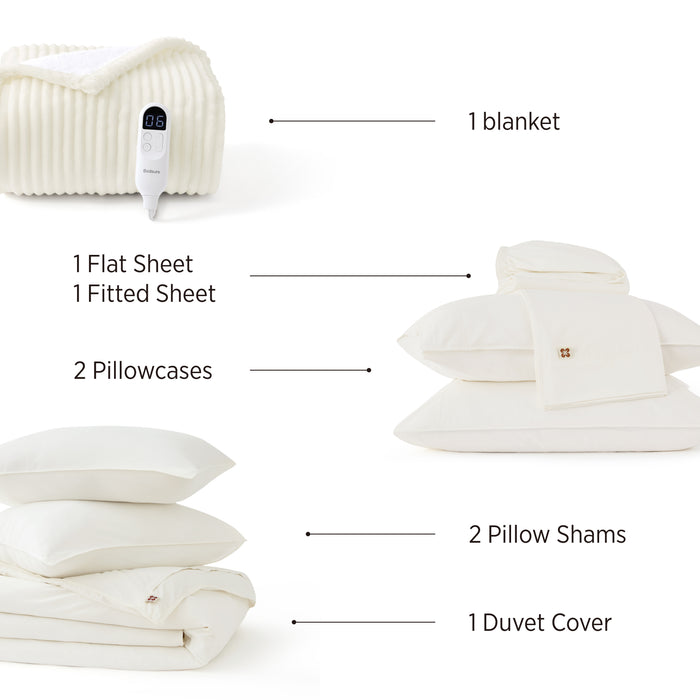 Organic Cotton Smart Warmth Bundle contents: white sheets, duvet cover, shams, pillowcases, heated blanket.