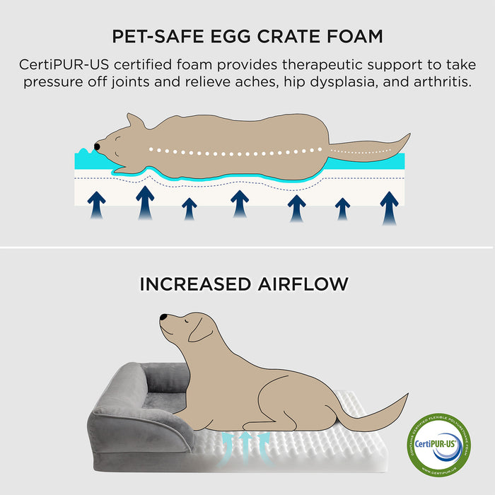 Illustration showing orthopedic dog bed benefits: egg-crate foam for joint support and airflow for comfort.