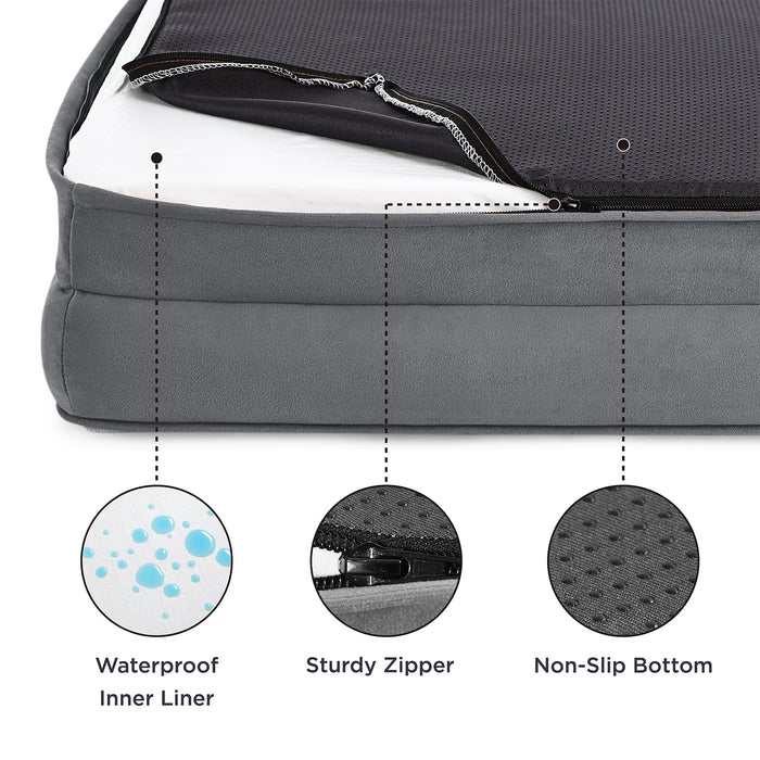 Gray orthopedic dog bed showing waterproof inner liner, sturdy zipper, and non-slip bottom details for easy care.