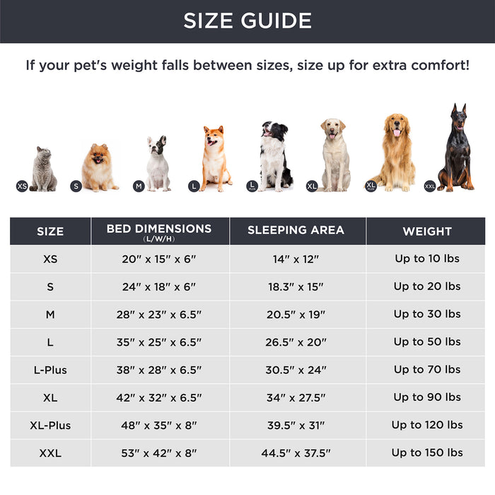 Orthopedic dog sofa size guide: cats & dogs with sizes XS-XXL, dimensions, sleeping area, and weight recommendations.