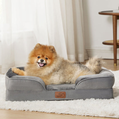 Gray orthopedic dog sofa with bolsters and low entrance, featuring a Pomeranian dog resting comfortably.