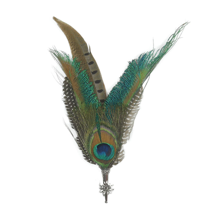 Peacock & Pheasant Fedora Feather Pin with Edelweiss Medallion - ScandinavianGiftOutlet