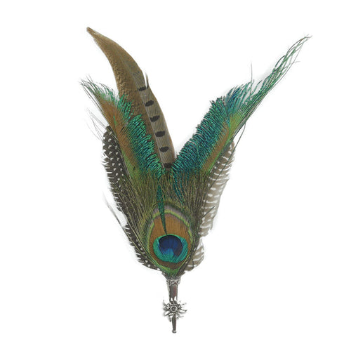 Peacock & Pheasant Fedora Feather Pin with Edelweiss Medallion - ScandinavianGiftOutlet