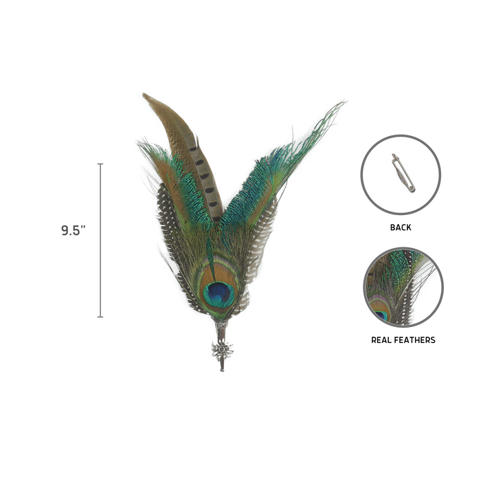 Peacock & Pheasant Fedora Feather Pin with Edelweiss Medallion - ScandinavianGiftOutlet