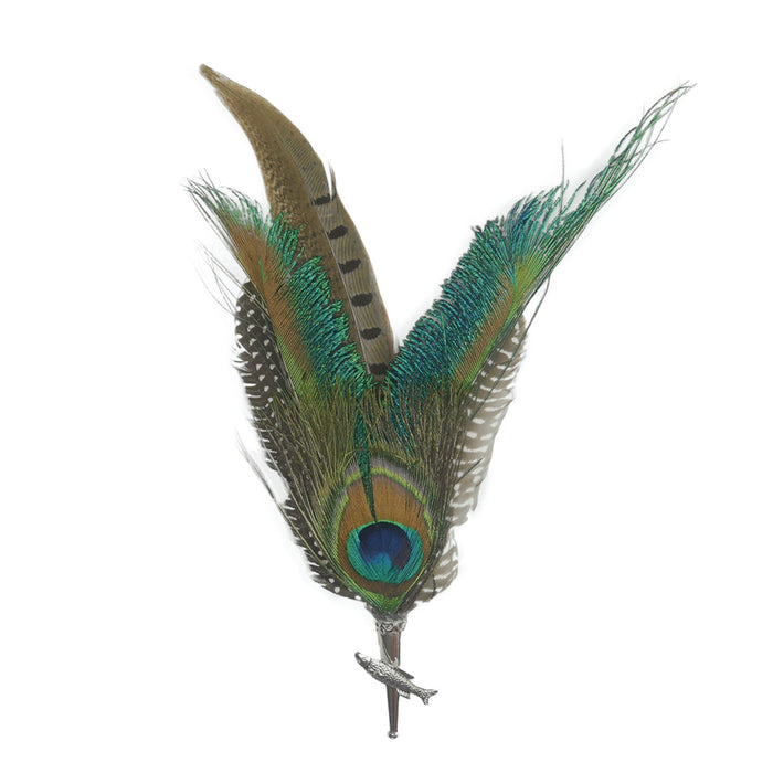 Peacock & Pheasant Fedora Feather Pin with Fish Medallion - ScandinavianGiftOutlet