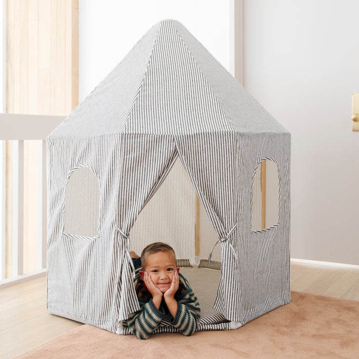 Stone Stripe@little boy playing in tent