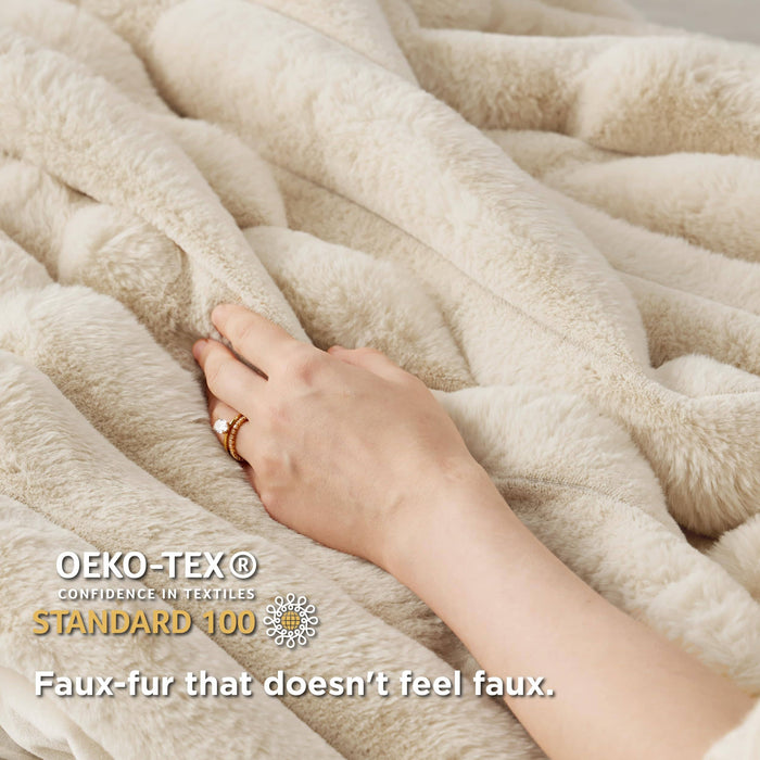GentleSoft plush cream striped blanket texture with OEKO-TEX STANDARD 100 certification.