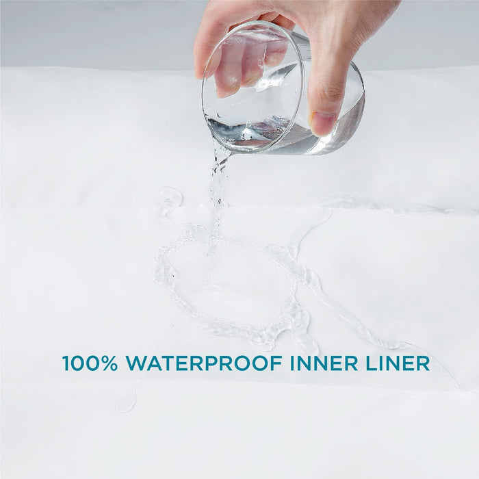 Demonstration of plush waterproof dog bed's 100% waterproof inner liner, with water beading on white fabric.