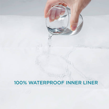 Demonstration of plush waterproof dog bed's 100% waterproof inner liner, with water beading on white fabric.