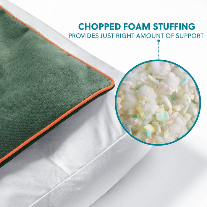 Close-up of a green dog bed with orange piping, showing plush polyfill stuffing for comfort and support.