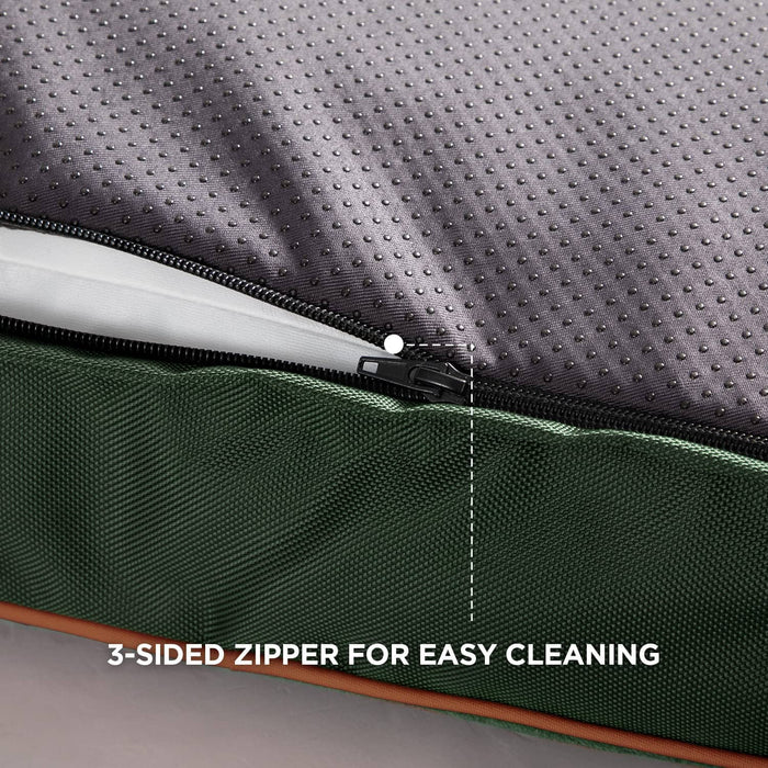 Plush waterproof dog bed with zipper partially open showing white filling, ideal for easy cleaning.