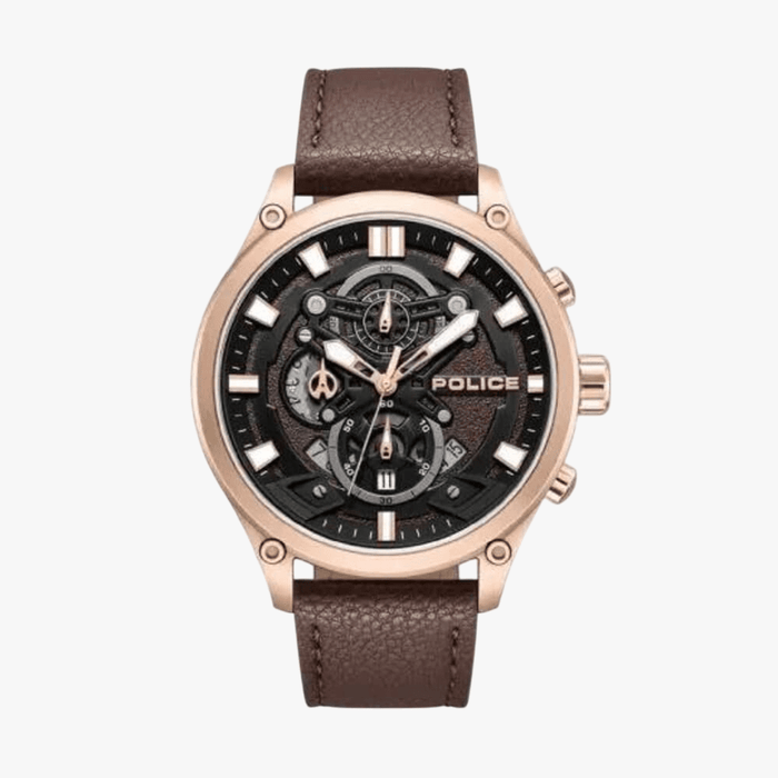 Police Wadden Rose Gold Case Black Dial Leather Strap Watch | Police