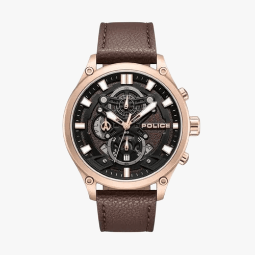 Police Wadden Rose Gold Case Black Dial Leather Strap Watch | Police