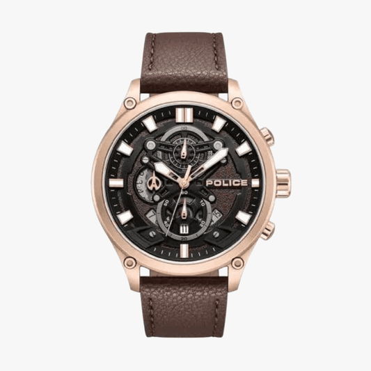Police Wadden Rose Gold Case Black Dial Leather Strap Watch | Police