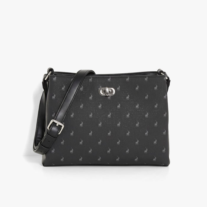 Polo Iconic Multi Tote Compartment Sling in black faux leather with a subtle pattern, silver hardware, and adjustable