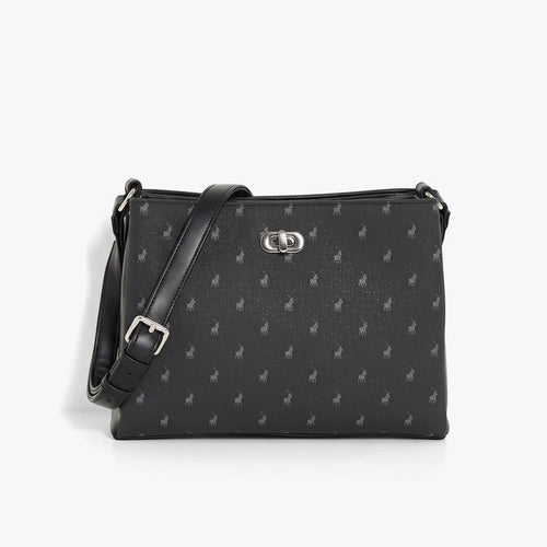Polo Iconic Multi Tote Compartment Sling in black faux leather with a subtle pattern, silver hardware, and adjustable