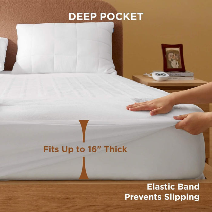 Polyester microfiber heated mattress pad with deep pocket, fits up to 16" thick.