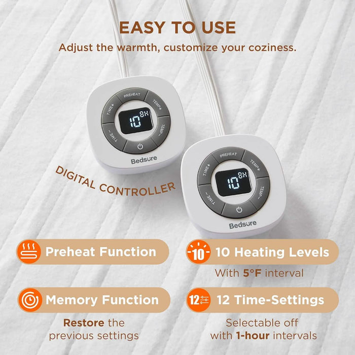 Bedsure dual digital controllers for heated mattress pad: 10 heat levels, 12 time settings.