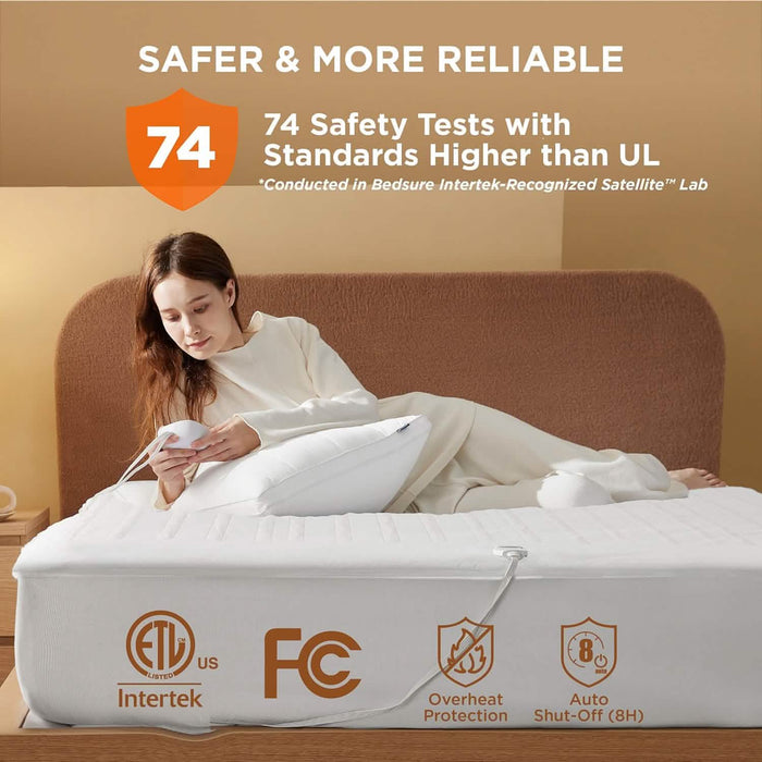 Polyester Microfiber Heated Mattress Pad with ETL, FC, Overheat Protection & Auto Shut-Off.