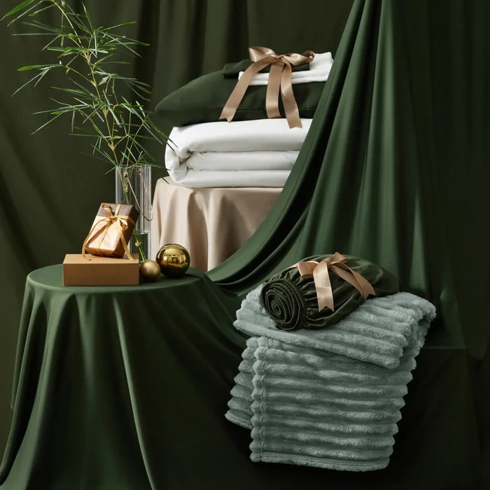 Rayon Derived From Bamboo Modern Cozy Bundle: Green & white bedding, grey blanket, bamboo accents.
