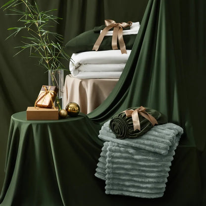 Rayon Derived From Bamboo Modern Cozy Bundle: Green & white bedding, grey blanket, bamboo accents.