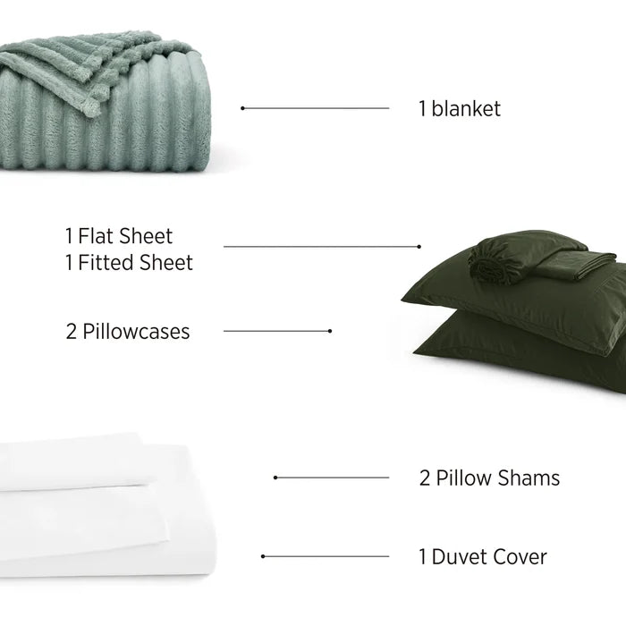 Modern cozy bamboo rayon bedding bundle: green blanket, dark green sheets, white sheets, pillow shams, duvet cover.