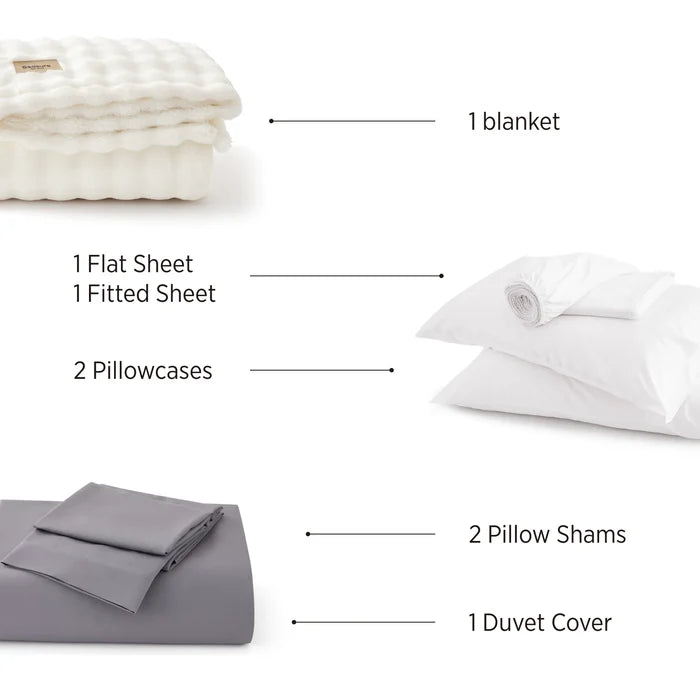 Rayon derived from bamboo luxe bundle contents: white blanket, grey duvet, white sheets, pillowcases, shams.