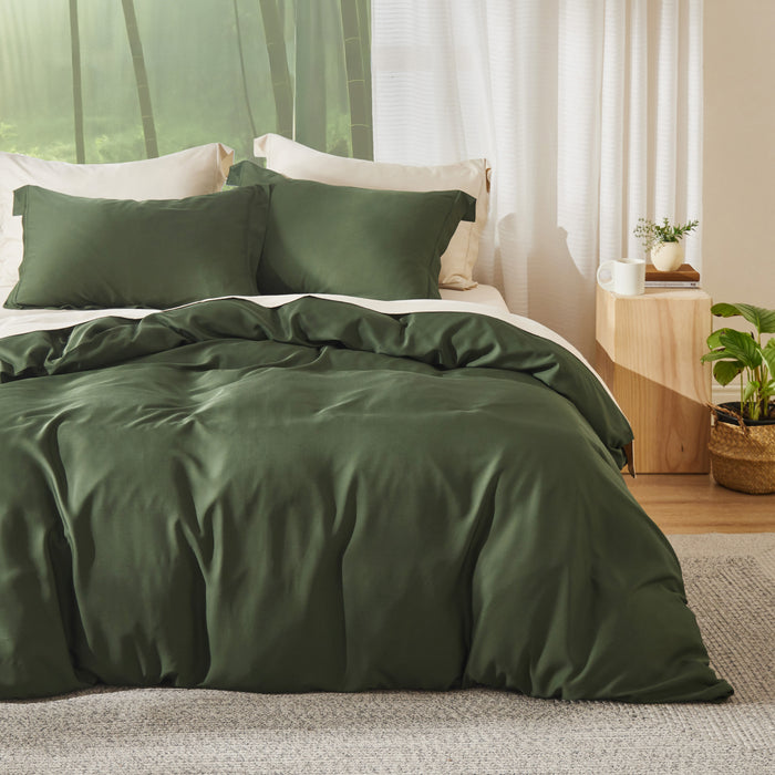 Dark green silky soft rayon derived from bamboo bedding bundle: duvet cover and shams.