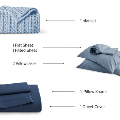 Rayon Derived From Bamboo Waffle Bundle: waffle blanket, sheets, pillowcases, shams, duvet cover.