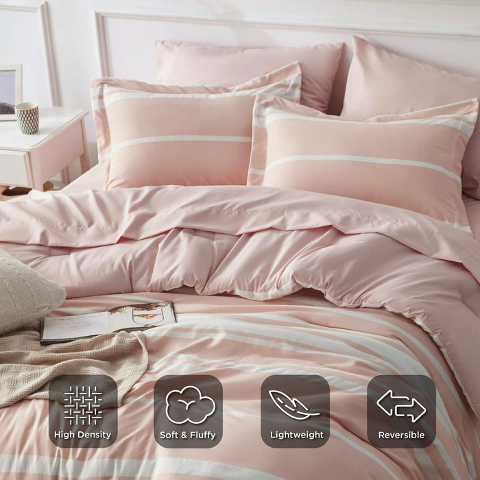 Pink and white striped reversible GentleSoft® bed-in-a-bag set, soft, lightweight, high-density.