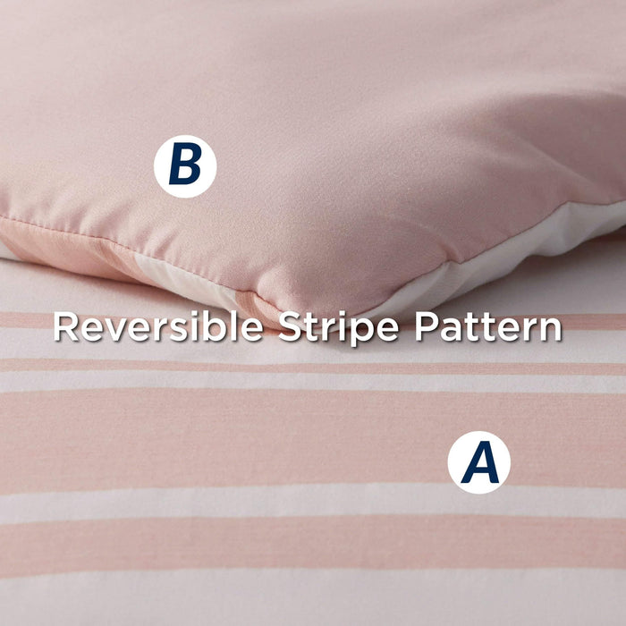 GentleSoft pink and white striped reversible comforter set fabric close-up.