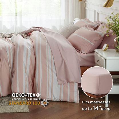 GentleSoft® pink & white striped polyester bedding set with comforter, shams, fitted sheet. OEKO-TEX certified, fits 14" mattresses.