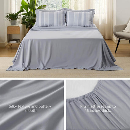 GentleSoft reversible king comforter set: light grey & white stripes, smooth fabric, deep fitted sheet shown on bed.