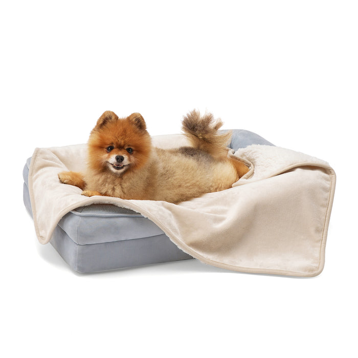 Fluffy Pomeranian dog lounging on a grey pet bed with a cream reversible Sherpa and microfiber fleece dog blanket.