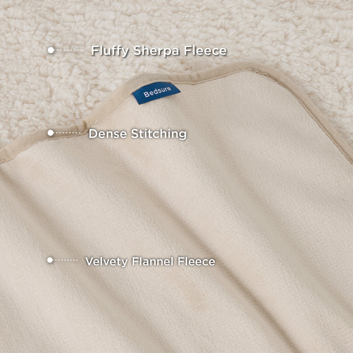 Reversible dog blanket close-up showing fluffy Sherpa fleece, velvety flannel fleece, and dense stitching.