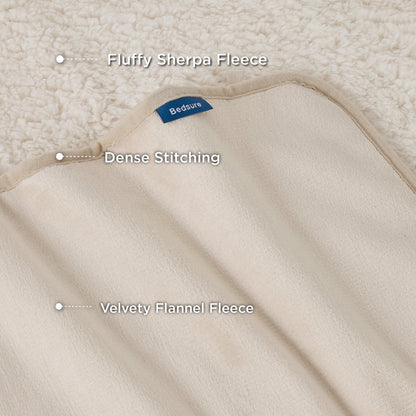 Reversible dog blanket close-up showing fluffy Sherpa fleece, velvety flannel fleece, and dense stitching.