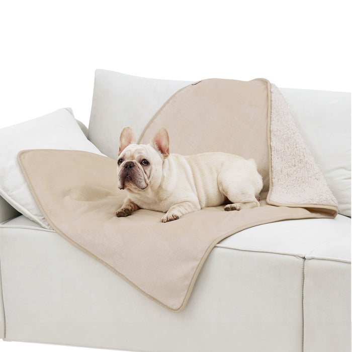 Cream French Bulldog relaxing on a beige reversible Sherpa and microfiber fleece dog blanket on a white couch.