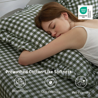 Ruffled Cotton-Like Gingham Sheet Set