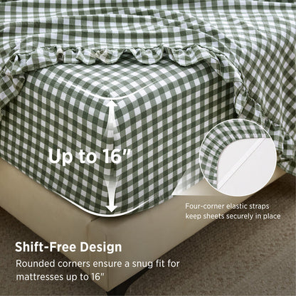 Ruffled Cotton-Like Gingham Sheet Set