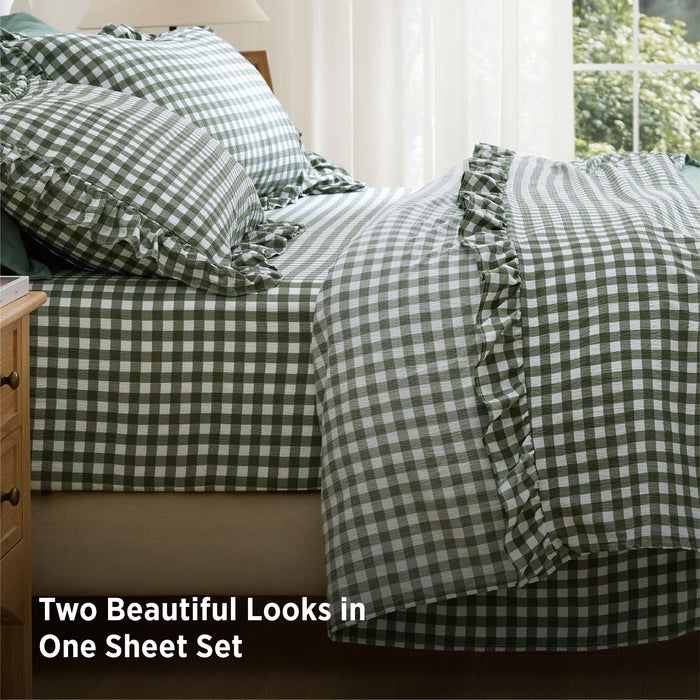 Ruffled Cotton-Like Gingham Sheet Set