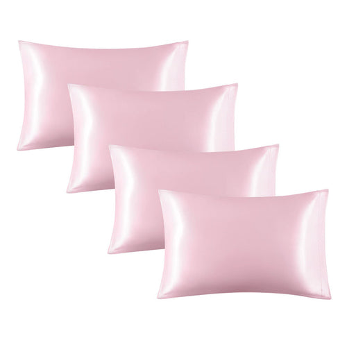 Four pink satin pillowcases offer smooth, silky comfort for beauty sleep and hair protection.