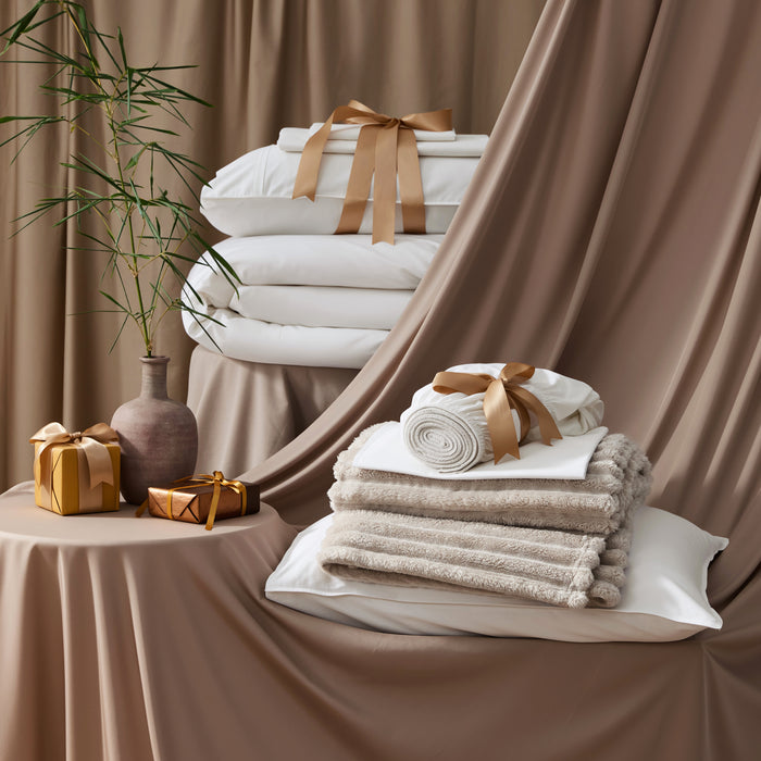 PureWoven Serene Blend modern cozy bundle: white bamboo-cotton bedding & textured blanket.