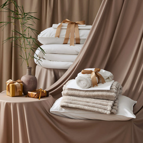 PureWoven Serene Blend modern cozy bundle: white bamboo-cotton bedding & textured blanket.