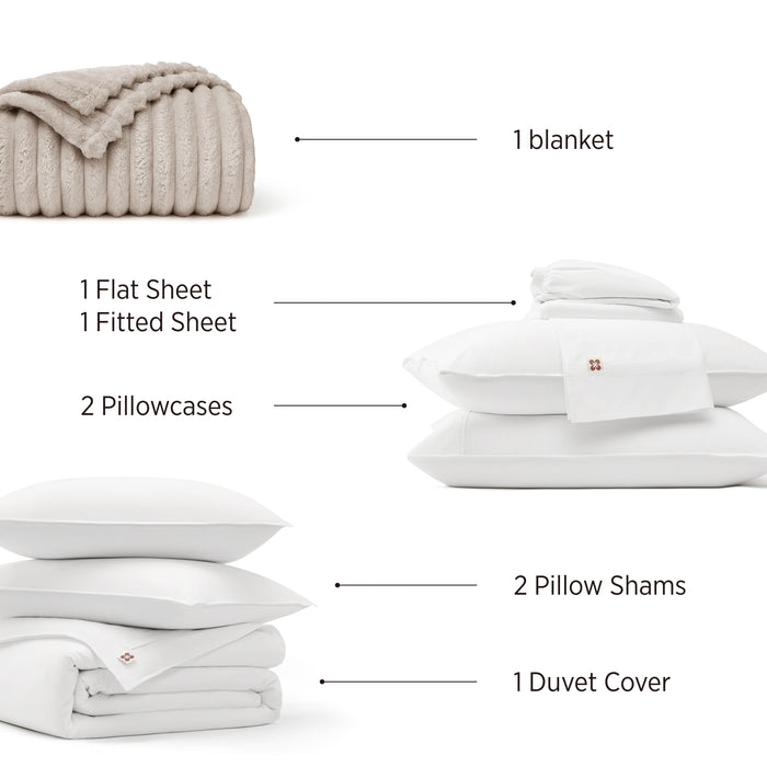 PureWoven™ Serene Blend Modern Cozy Bundle: beige blanket, white duvet cover, sheets, 2 pillow shams, 2 pillowcases.
