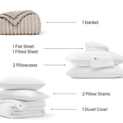 PureWoven™ Serene Blend Modern Cozy Bundle: beige blanket, white duvet cover, sheets, 2 pillow shams, 2 pillowcases.