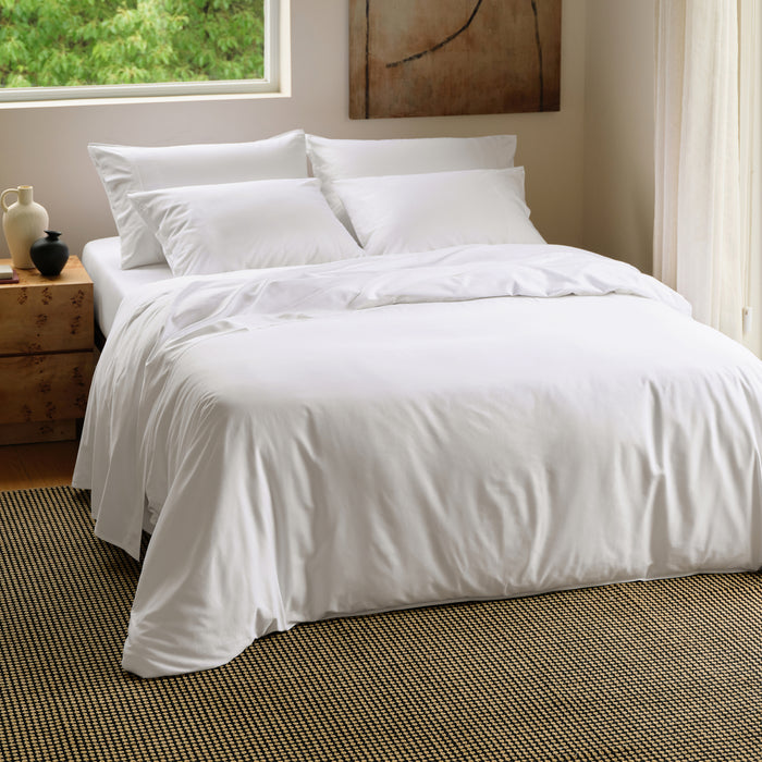 White PureWoven™ Serene Blend bedding set with bamboo-cotton blend fabric, soft sateen weave.