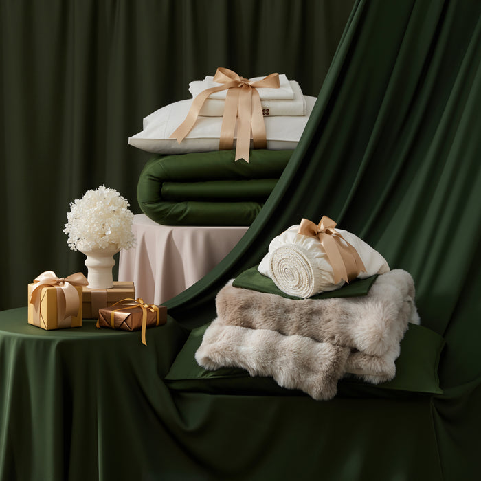 PureWoven Serene Blend plush bundle: bamboo-cotton sateen sheets, green duvet, faux fur throw, gift boxes.