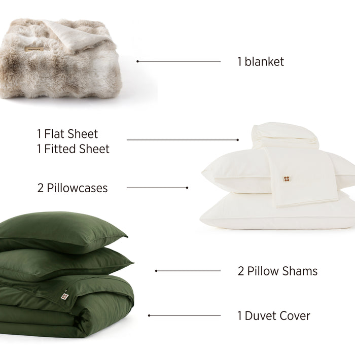 PureWoven Plush Luxe Bundle: luxuriously soft bamboo-cotton sheets, duvet cover, shams, and faux fur blanket.
