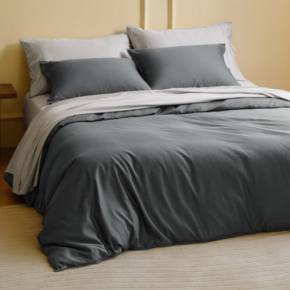 Serene Blend Series dark grey duvet cover and pillow shams, made from cooling bamboo-cotton blend.